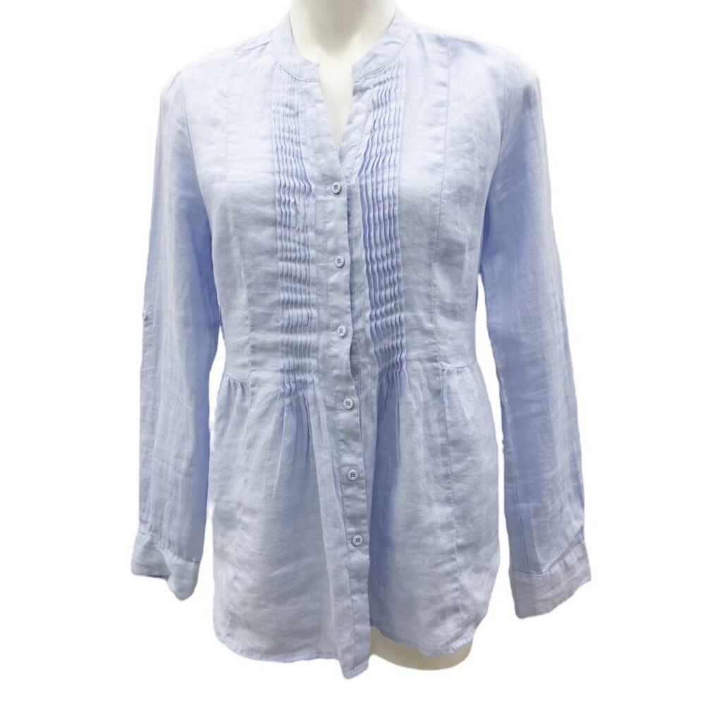 Malvin Hamburg Germany I Love Linen 100% Linen Band Collar Pintuck Top Women S